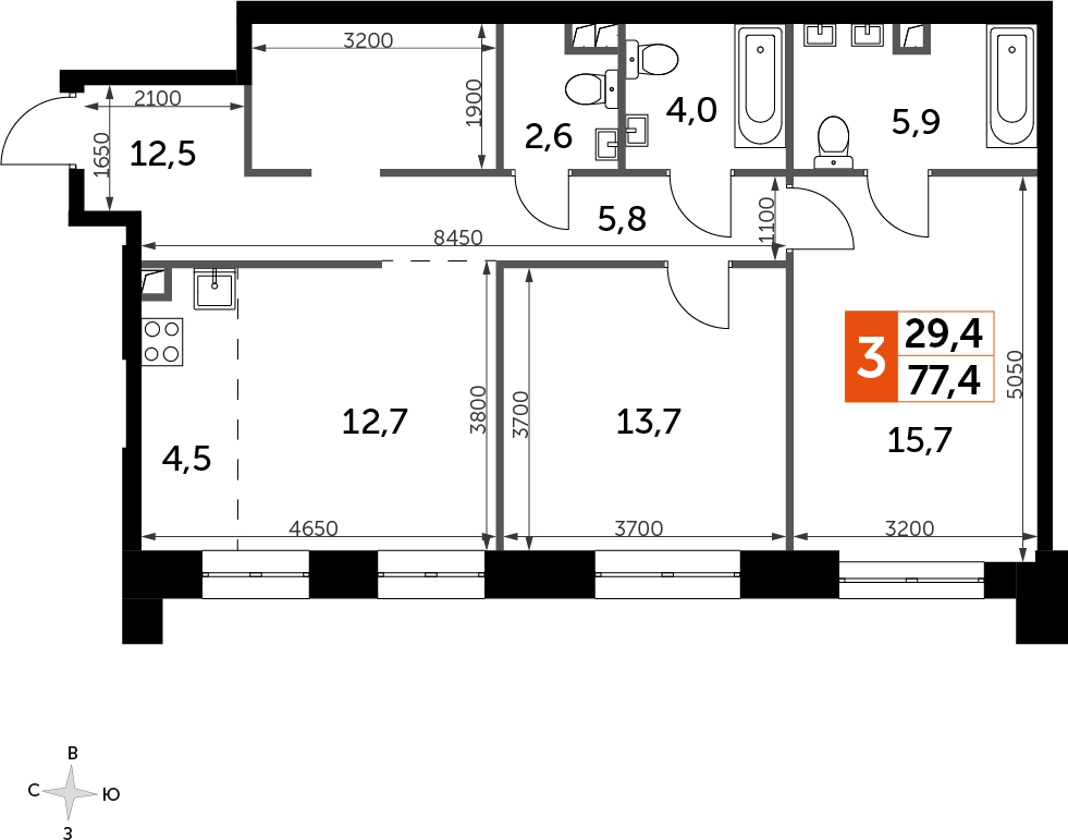 3-комнатная квартира в ЖК SHAGAL на 13 этаже в 1 секции. Сдача в 1 кв. 2024 г.