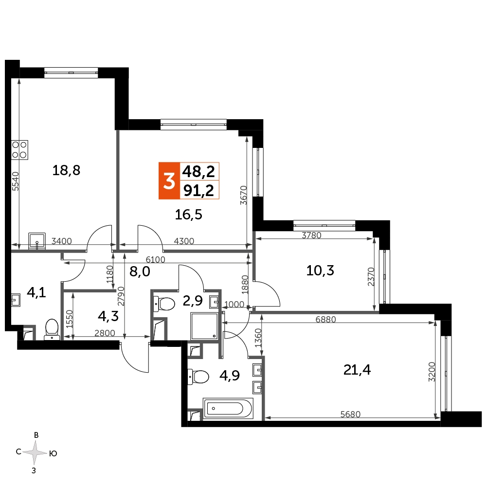 3-комнатная квартира с отделкой в ЖК Миниполис Рафинад на 8 этаже в 1 секции. Сдача в 2 кв. 2021 г.