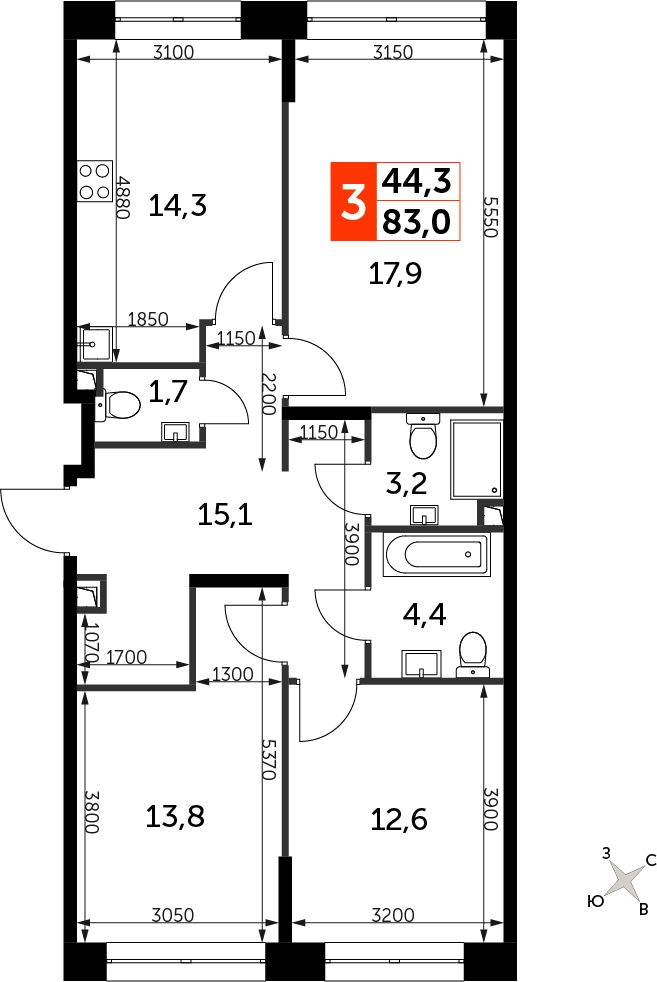 2-комнатная квартира с отделкой в ЖК Бунинские кварталы на 2 этаже в 3 секции. Сдача в 2 кв. 2026 г.
