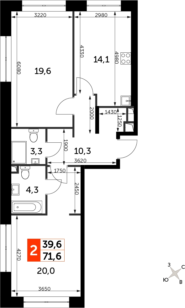 1-комнатная квартира (Студия) с отделкой в ЖК Бунинские кварталы на 3 этаже в 3 секции. Сдача в 2 кв. 2026 г.