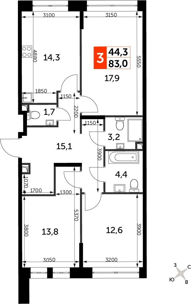 5-комнатная квартира в ЖК SHAGAL на 6 этаже в 2 секции. Сдача в 1 кв. 2024 г.