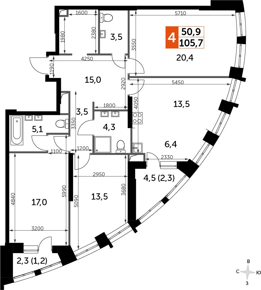 2-комнатная квартира в ЖК SHAGAL на 11 этаже в 1 секции. Сдача в 4 кв. 2023 г.