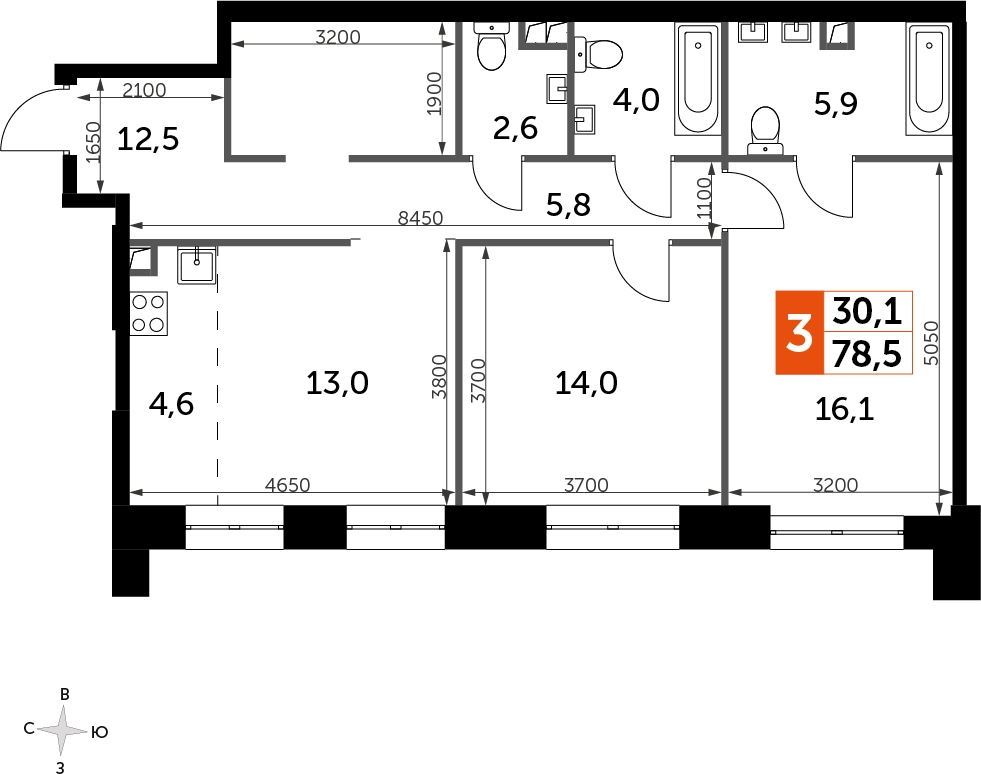 1-комнатная квартира в ЖК SHAGAL на 27 этаже в 2 секции. Сдача в 1 кв. 2024 г.