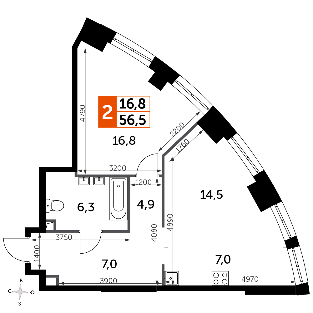 2-комнатная квартира в ЖК SHAGAL на 11 этаже в 1 секции. Сдача в 1 кв. 2024 г.