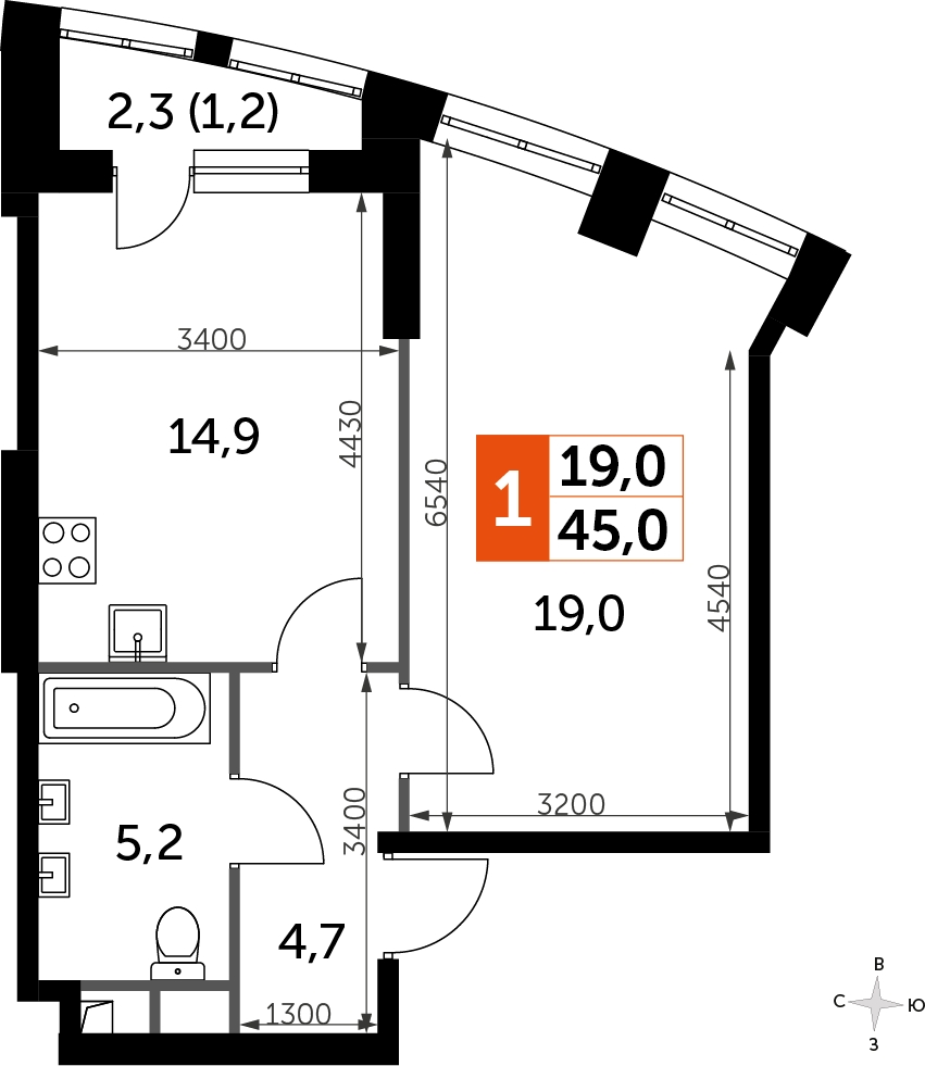 1-комнатная квартира (Студия) в ЖК SHAGAL на 3 этаже в 1 секции. Сдача в 1 кв. 2024 г.