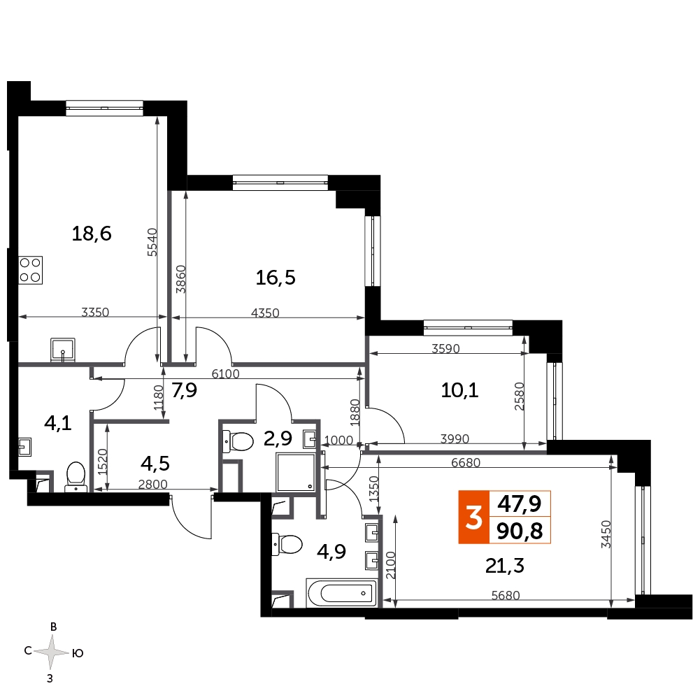 2-комнатная квартира в ЖК SHAGAL на 12 этаже в 1 секции. Сдача в 4 кв. 2024 г.