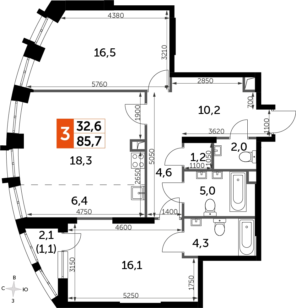 2-комнатная квартира в ЖК Городские истории на 2 этаже в 1 секции. Сдача в 4 кв. 2023 г.