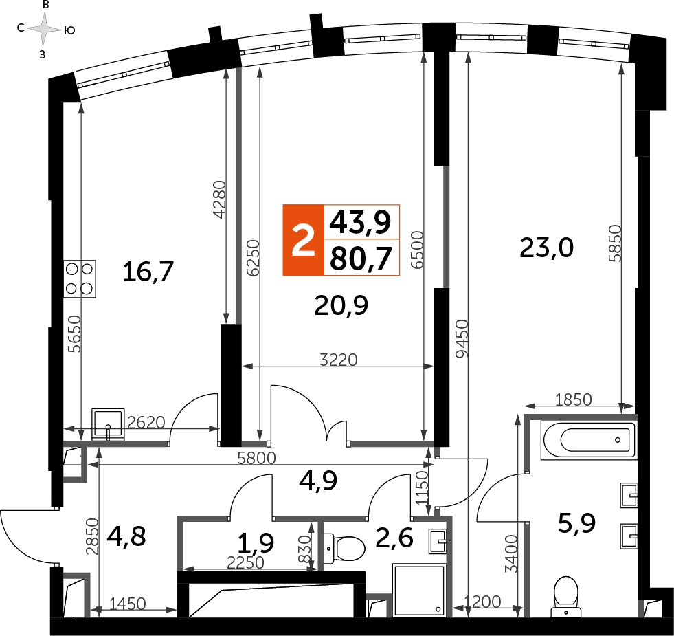 2-комнатная квартира в ЖК Полет Купавна на 9 этаже в 4 секции. Сдача в 4 кв. 2022 г.