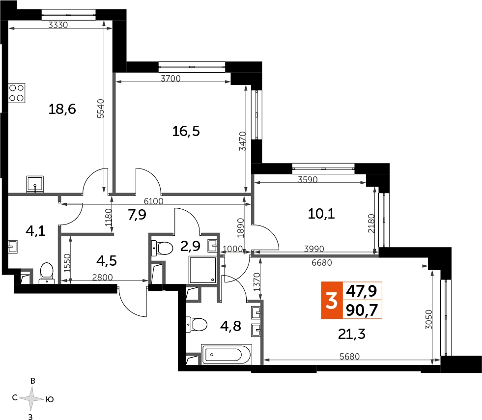 2-комнатная квартира с отделкой в ЖК Бунинские кварталы на 11 этаже в 3 секции. Сдача в 2 кв. 2026 г.