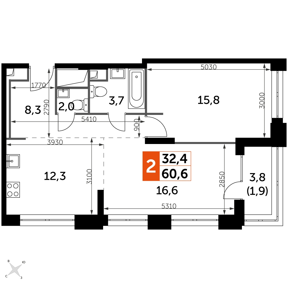 2-комнатная квартира в ЖК Дом у Каретного на 3 этаже в 2 секции. Сдача в 2 кв. 2020 г.