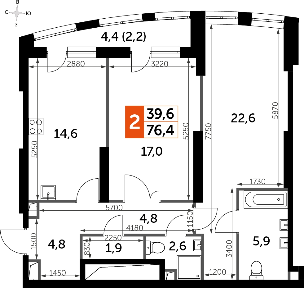 2-комнатная квартира с отделкой в ЖК Кронштадтский 9 на 25 этаже в 1 секции. Сдача в 4 кв. 2023 г.