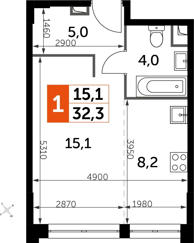 2-комнатная квартира в ЖК Пехра на 4 этаже в 5 секции. Сдача в 1 кв. 2024 г.