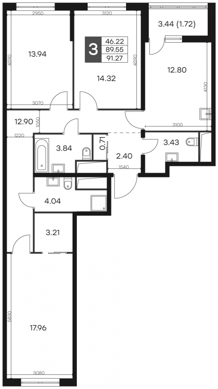 3-комнатная квартира с отделкой в ЖК Южные сады на 29 этаже в 1 секции. Сдача в 2 кв. 2025 г.