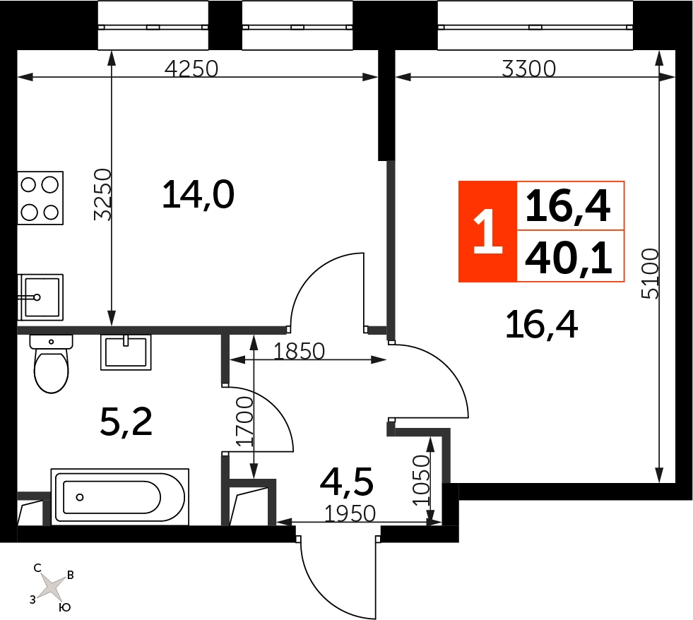 1-комнатная квартира (Студия) в ЖК Пехра на 9 этаже в 1 секции. Сдача в 1 кв. 2024 г.
