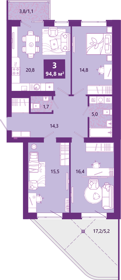 3-комнатная квартира в ЖК Инновация на 8 этаже в 10 секции. Сдача в 2 кв. 2023 г.