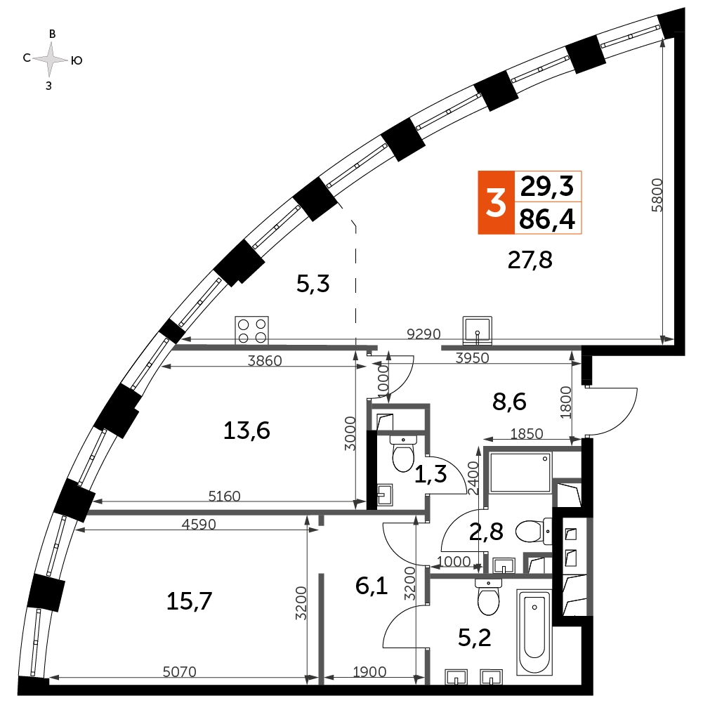 3-комнатная квартира в ЖК Михалковский на 20 этаже в 2 секции. Сдача в 3 кв. 2024 г.