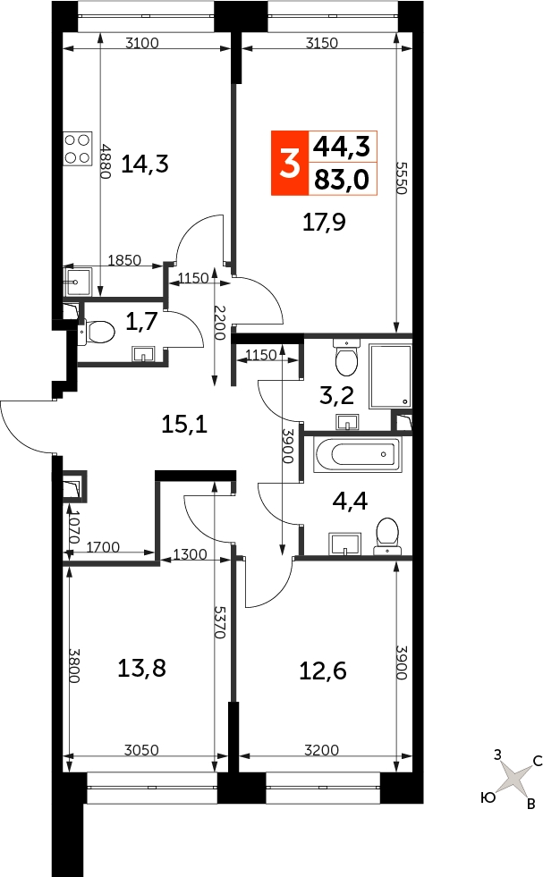 3-комнатная квартира в Жилой район Новый город на 2 этаже в 4 секции. Сдача в 2 кв. 2022 г.