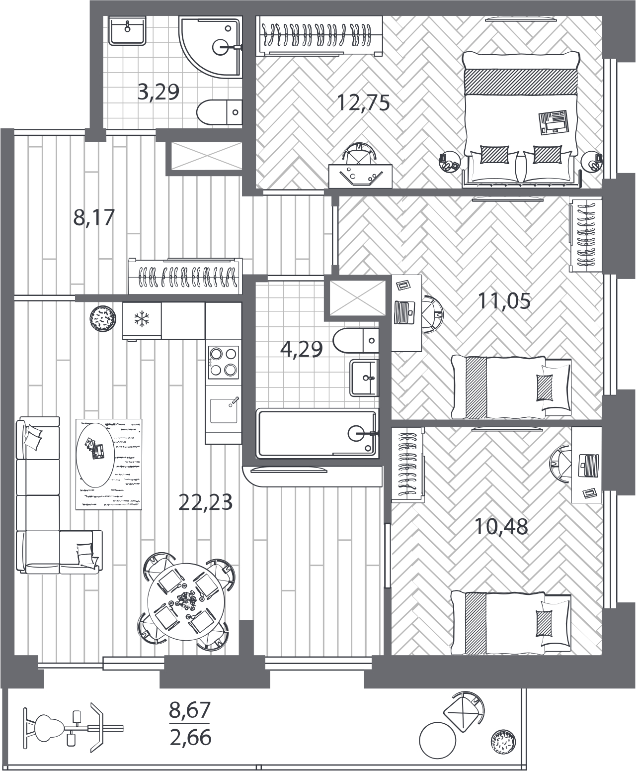 4-комнатная квартира в ЖК SHAGAL на 3 этаже в 1 секции. Сдача в 4 кв. 2023 г.