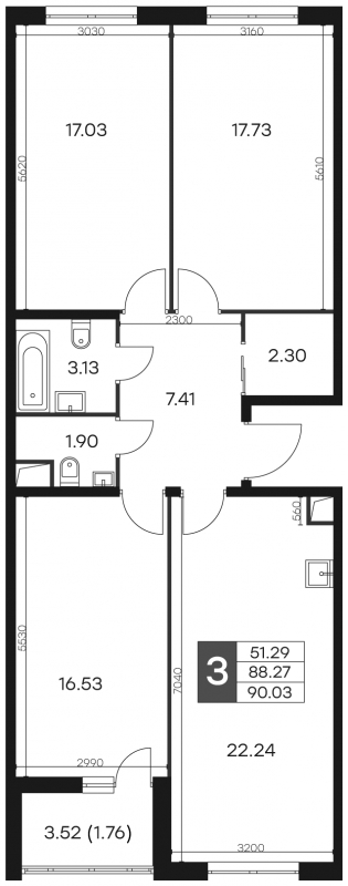 3-комнатная квартира в ЖК Инновация на 11 этаже в 10 секции. Сдача в 2 кв. 2023 г.