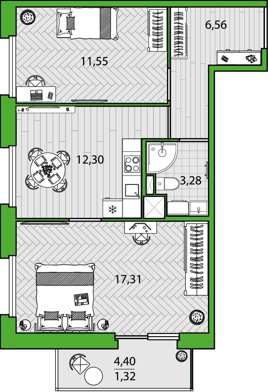 3-комнатная квартира с отделкой в ЖК Symphony 34 на 11 этаже в 1 секции. Сдача в 2 кв. 2025 г.