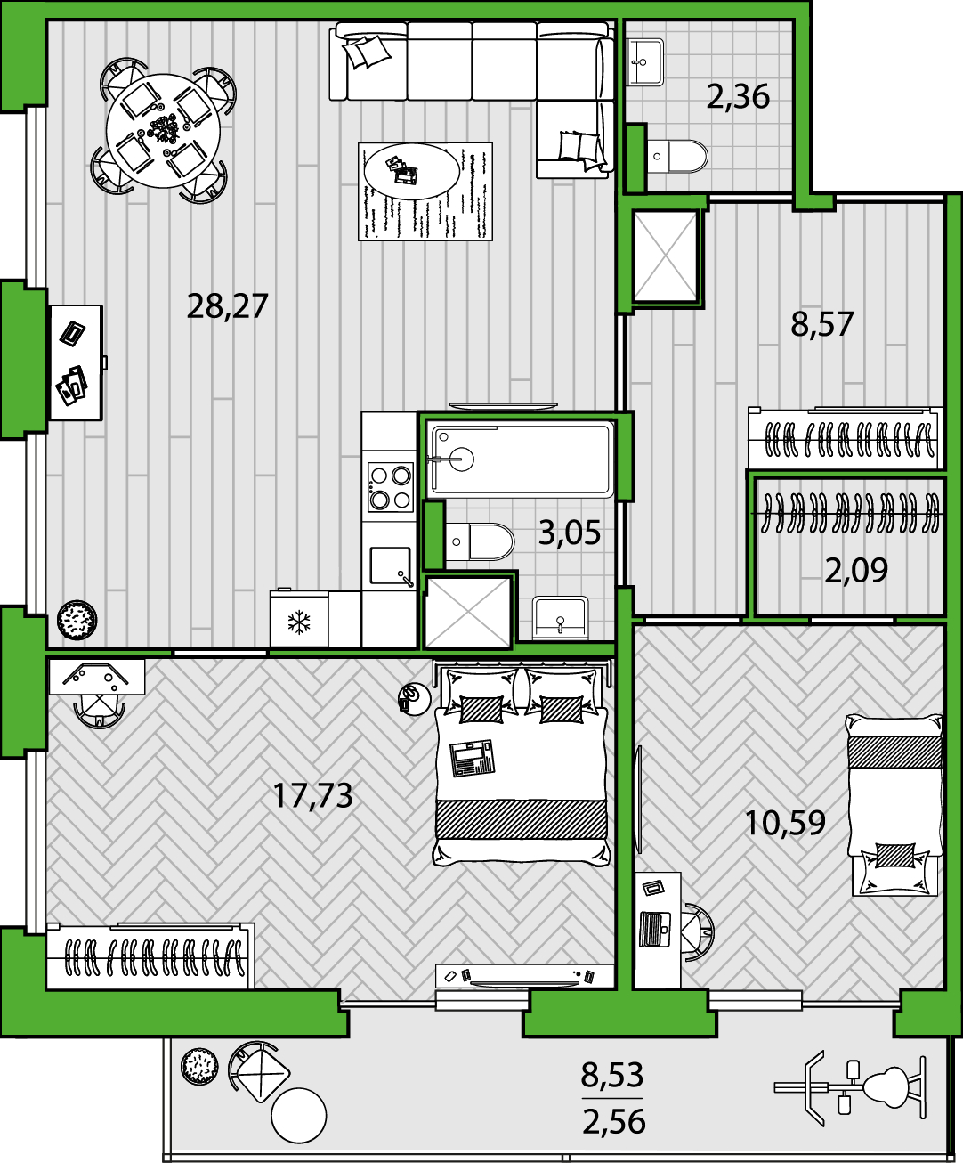 2-комнатная квартира в ЖК Бунинские кварталы на 19 этаже в 1 секции. Сдача в 2 кв. 2026 г.