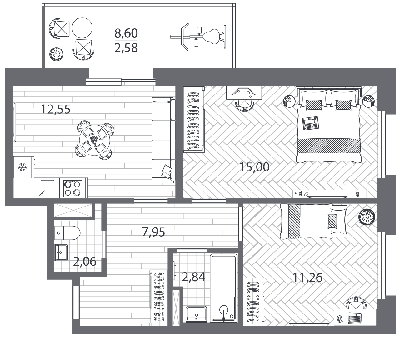 3-комнатная квартира в ЖК Бунинские кварталы на 21 этаже в 1 секции. Сдача в 2 кв. 2026 г.