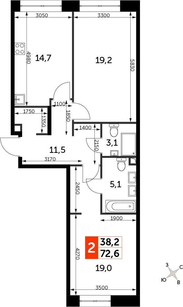 2-комнатная квартира в ЖК Дом у Каретного на 5 этаже в 4 секции. Сдача в 2 кв. 2020 г.