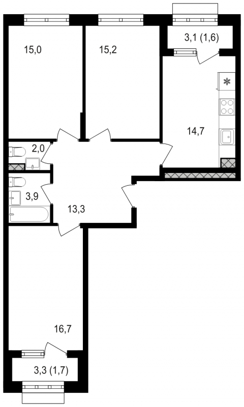 3-комнатная квартира в ЖК Михалковский на 2 этаже в 2 секции. Сдача в 3 кв. 2024 г.