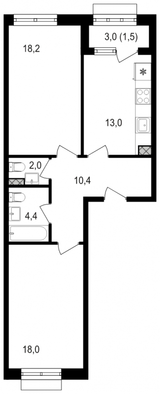 2-комнатная квартира в ЖК Михалковский на 2 этаже в 3 секции. Сдача в 3 кв. 2024 г.