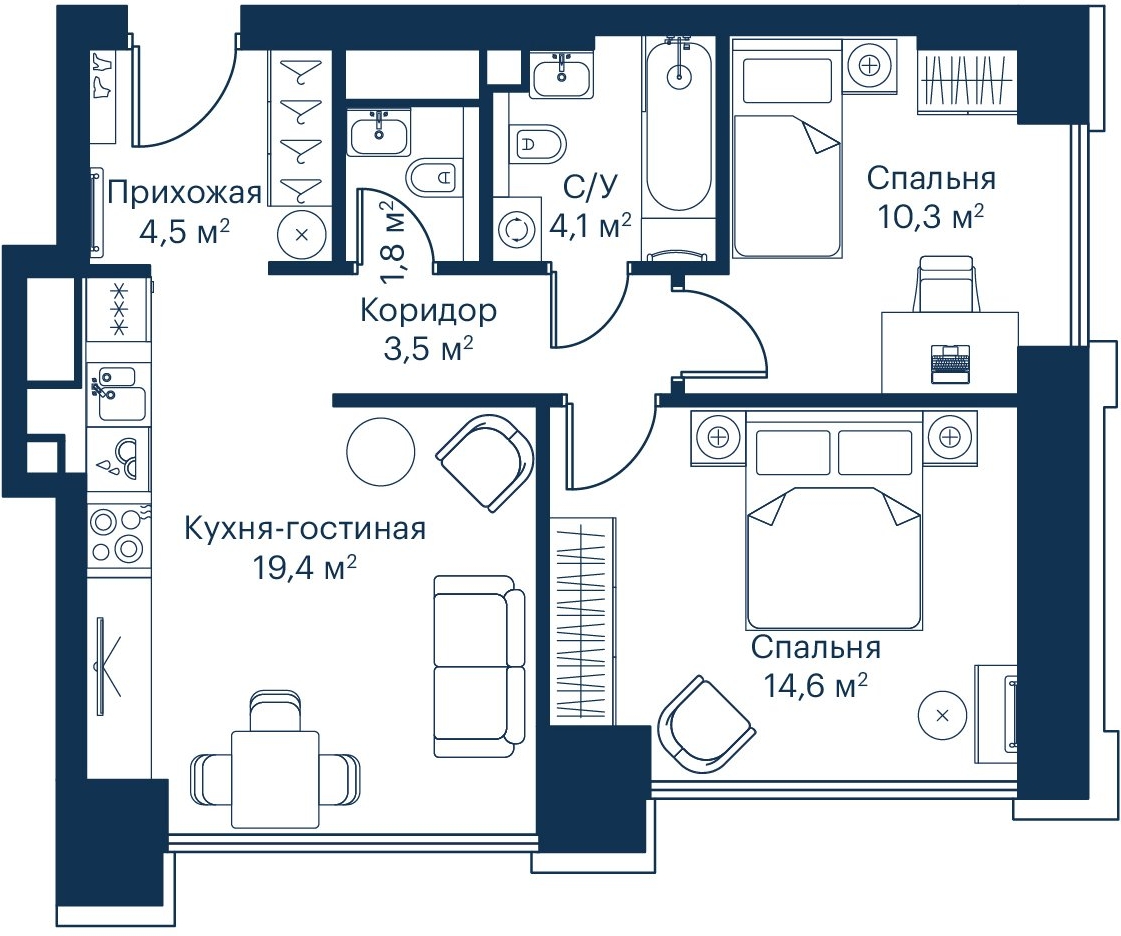 1-комнатная квартира в ЖК Михалковский на 12 этаже в 2 секции. Сдача в 3 кв. 2024 г.