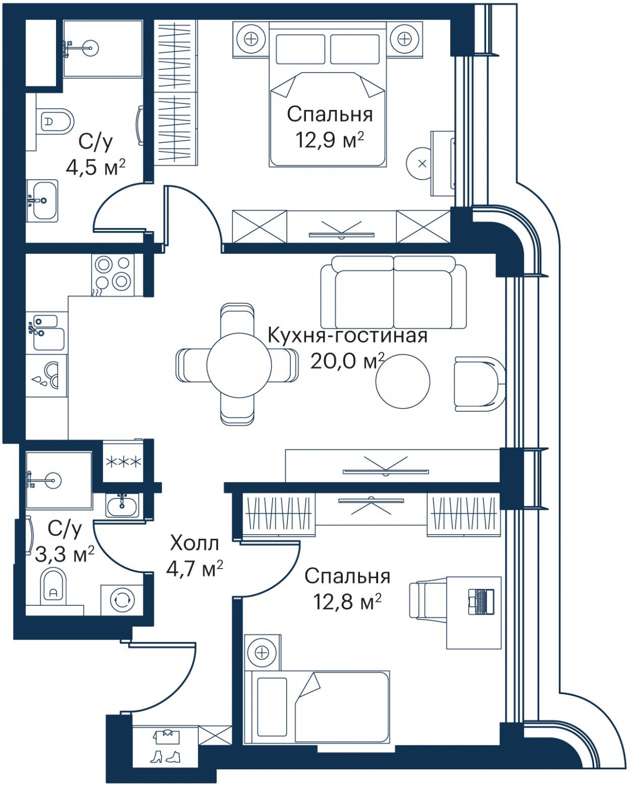2-комнатная квартира в ЖК Symphony 34 на 20 этаже в 1 секции. Сдача в 2 кв. 2025 г.