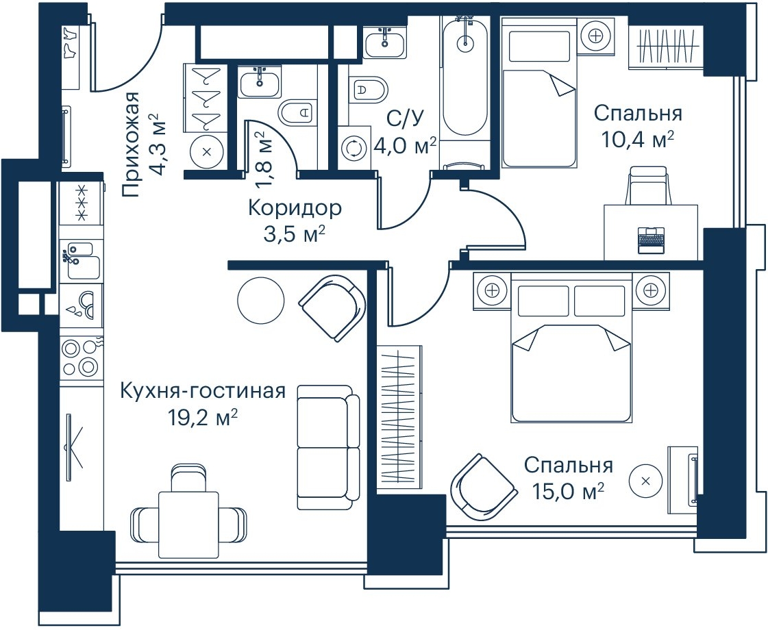 2-комнатная квартира в ЖК Symphony 34 на 24 этаже в 1 секции. Сдача в 2 кв. 2025 г.