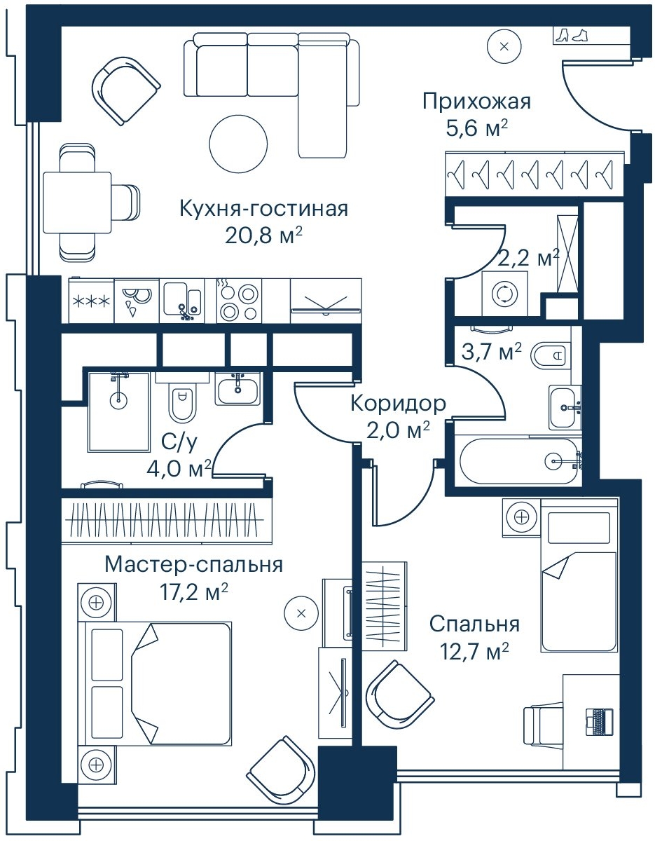 3-комнатная квартира в ЖК Friends на 22 этаже в 1 секции. Сдача в 1 кв. 2024 г.