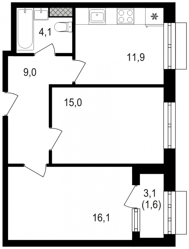 1-комнатная квартира в ЖК Бунинские кварталы на 6 этаже в 4 секции. Сдача в 2 кв. 2026 г.