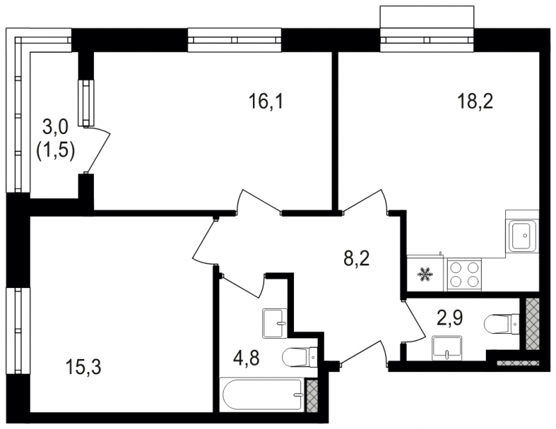 3-комнатная квартира в ЖК SHAGAL на 12 этаже в 3 секции. Сдача в 4 кв. 2024 г.