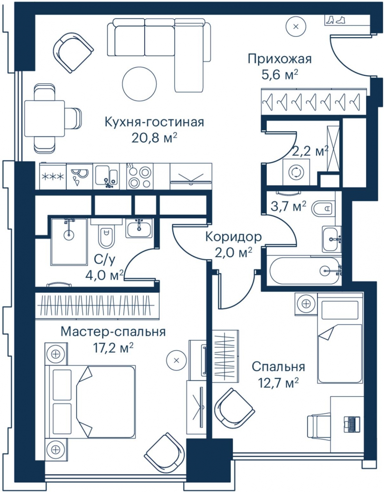3-комнатная квартира в ЖК Бунинские кварталы на 9 этаже в 1 секции. Сдача в 2 кв. 2026 г.