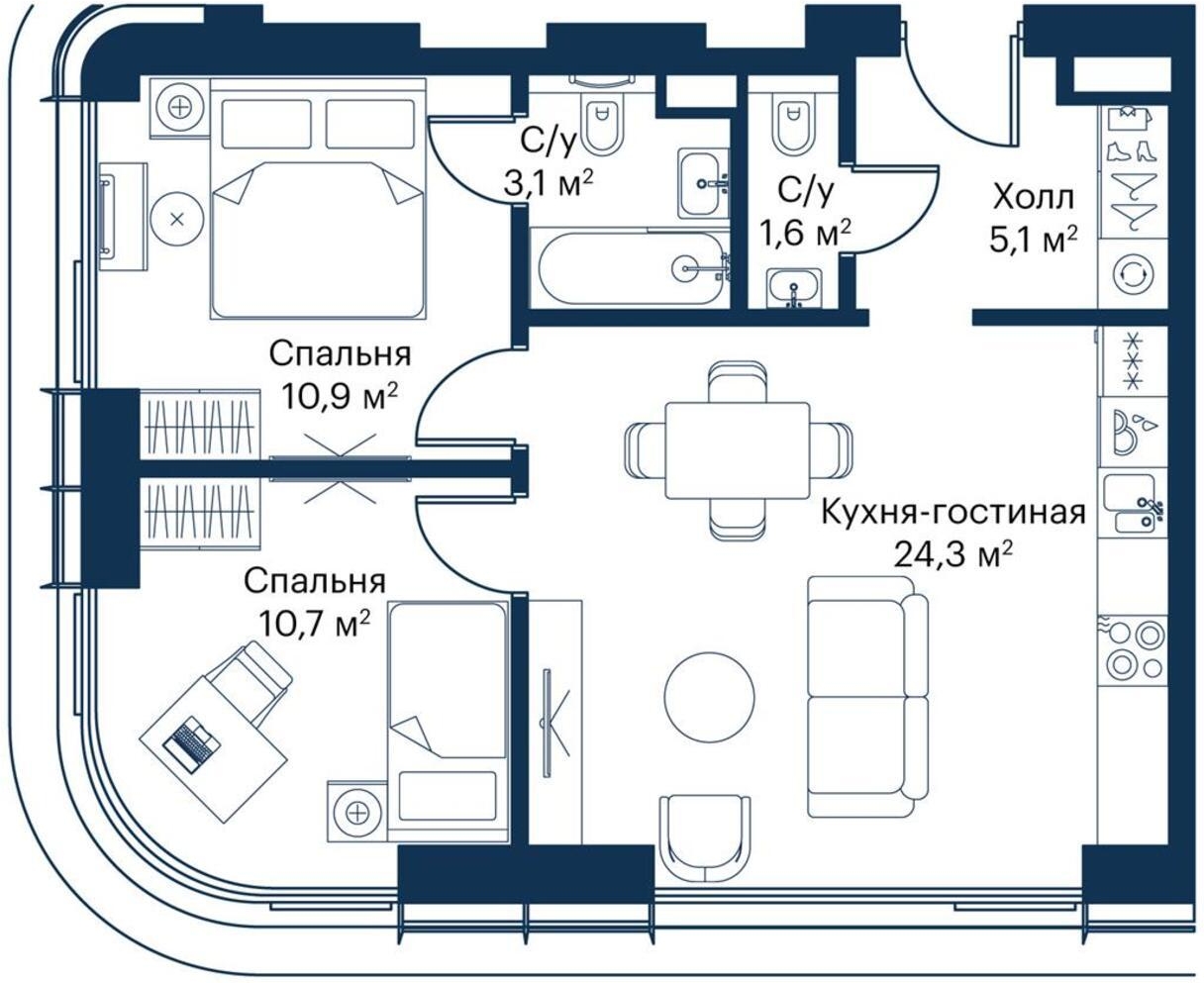 2-комнатная квартира в ЖК Symphony 34 на 7 этаже в 1 секции. Сдача в 2 кв. 2025 г.