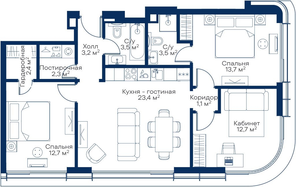 3-комнатная квартира в ЖК Symphony 34 на 14 этаже в 1 секции. Сдача в 2 кв. 2025 г.