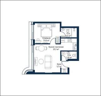 2-комнатная квартира в ЖК HighWay на 4 этаже в 1 секции. Сдача в 4 кв. 2023 г.