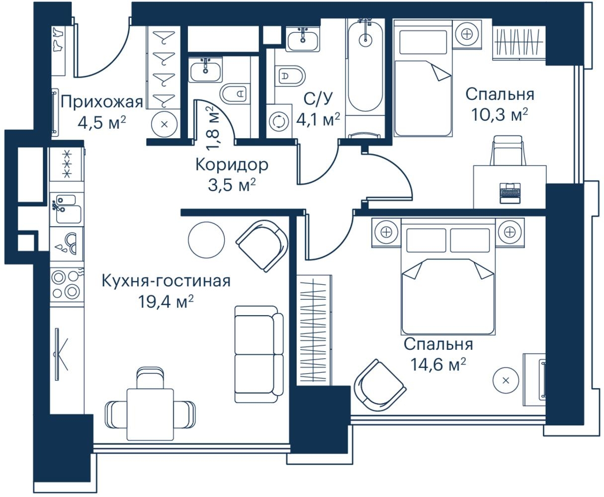2-комнатная квартира с отделкой в ЖК City Bay на 14 этаже в 1 секции. Сдача в 2 кв. 2024 г.