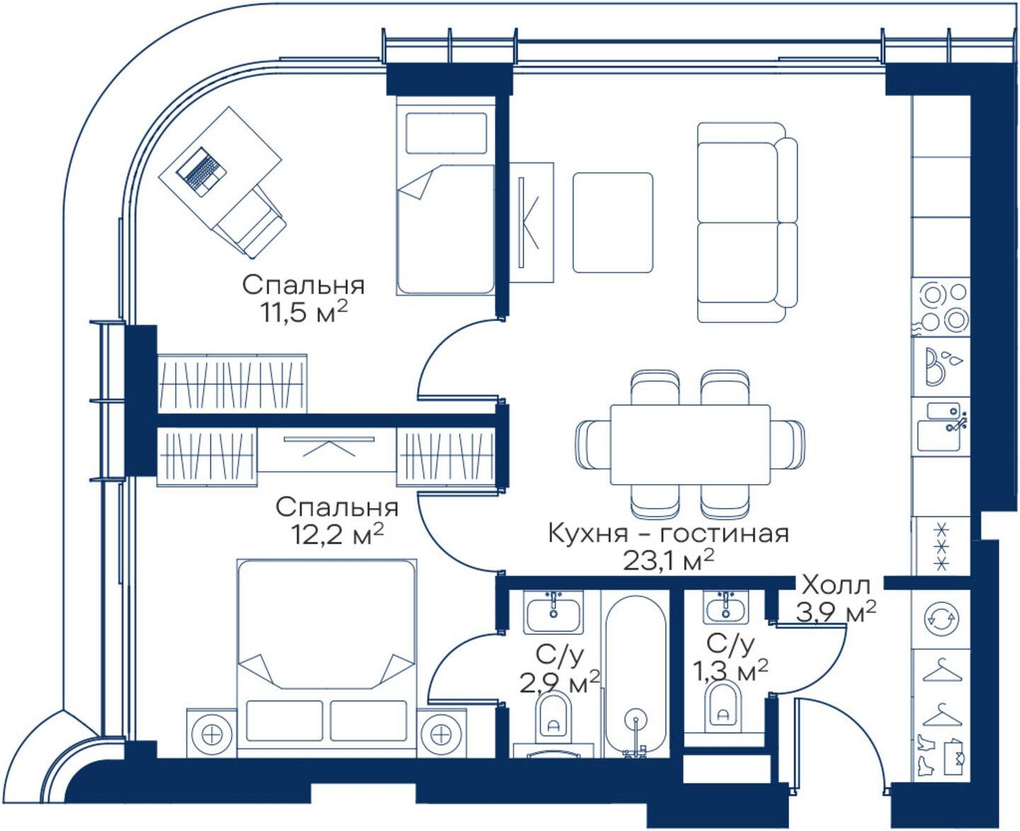2-комнатная квартира в ЖК Symphony 34 на 44 этаже в 1 секции. Сдача в 2 кв. 2025 г.