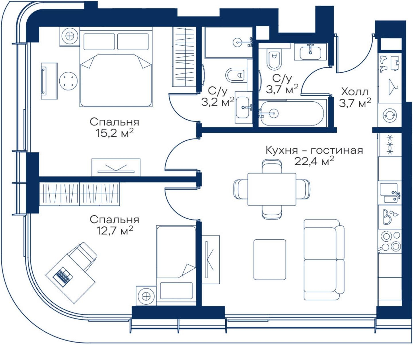 2-комнатная квартира с отделкой в ЖК City Bay на 34 этаже в 1 секции. Сдача в 3 кв. 2025 г.
