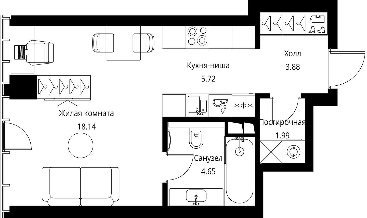 2-комнатная квартира в ЖК Symphony 34 на 29 этаже в 1 секции. Сдача в 2 кв. 2025 г.