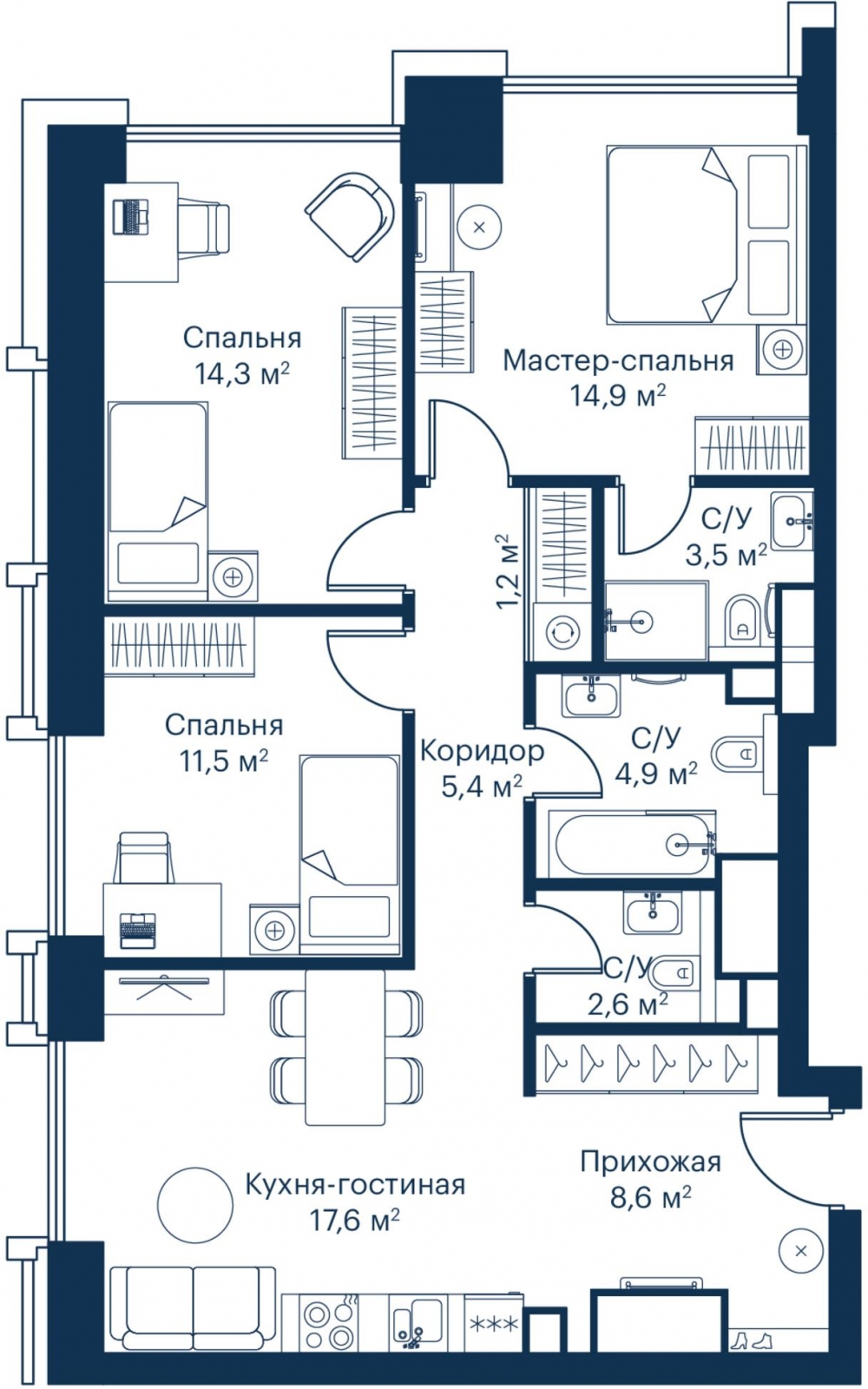3-комнатная квартира в ЖК Symphony 34 на 11 этаже в 1 секции. Сдача в 2 кв. 2025 г.