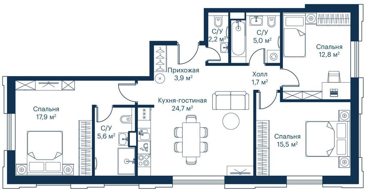 3-комнатная квартира в ЖК Миловидное на 13 этаже в 3 секции. Сдача в 1 кв. 2024 г.