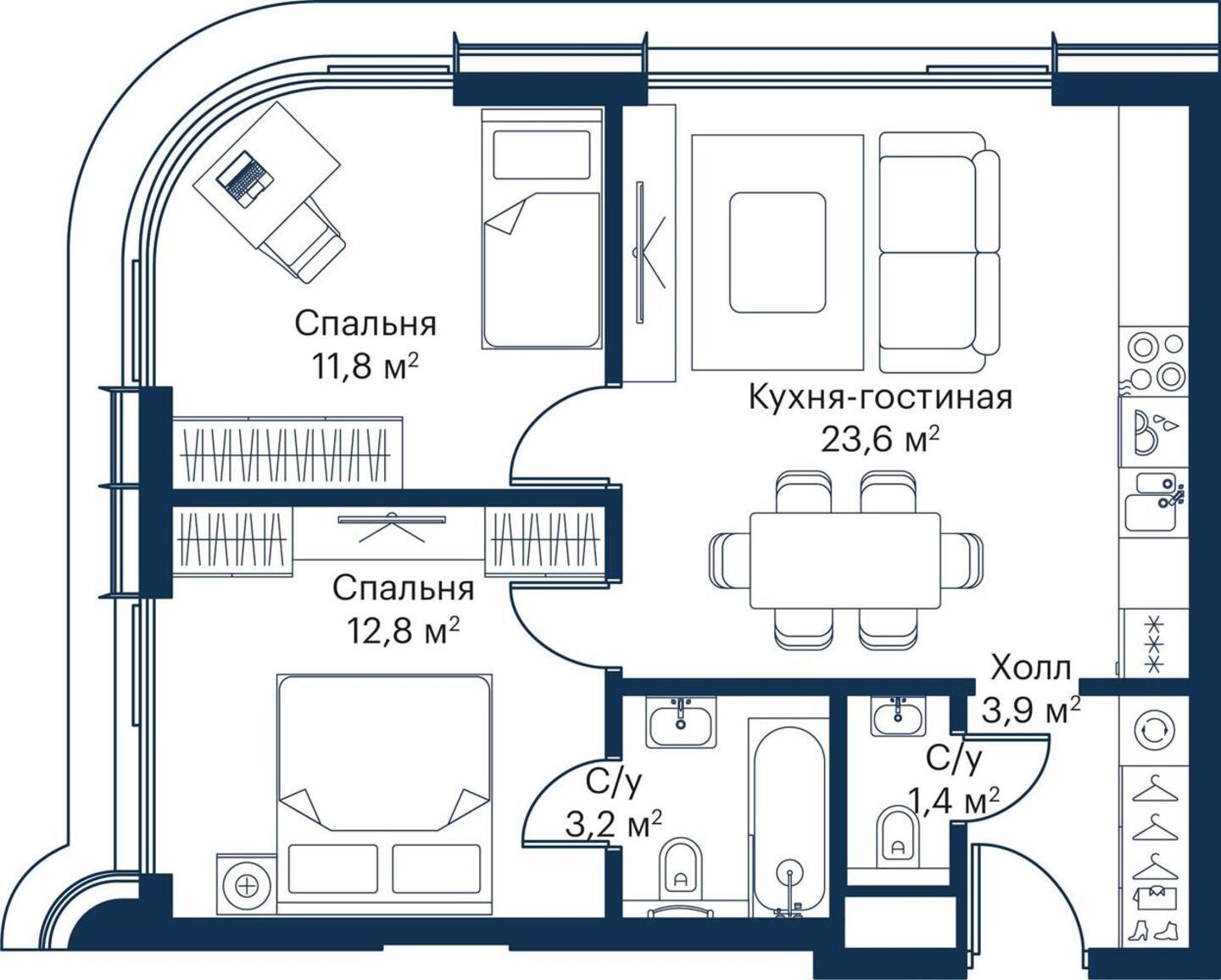1-комнатная квартира в ЖК Symphony 34 на 22 этаже в 1 секции. Сдача в 2 кв. 2025 г.