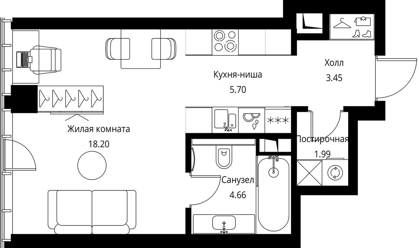 1-комнатная квартира в ЖК Symphony 34 на 12 этаже в 1 секции. Сдача в 2 кв. 2025 г.