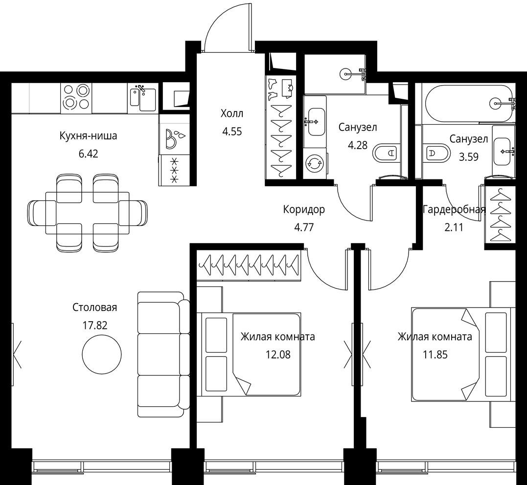 3-комнатная квартира с отделкой в ЖК City Bay на 17 этаже в 1 секции. Сдача в 2 кв. 2024 г.
