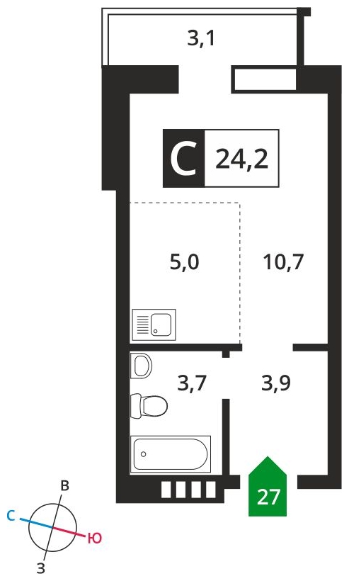 2-комнатная квартира в ЖК Symphony 34 на 41 этаже в 1 секции. Сдача в 2 кв. 2025 г.
