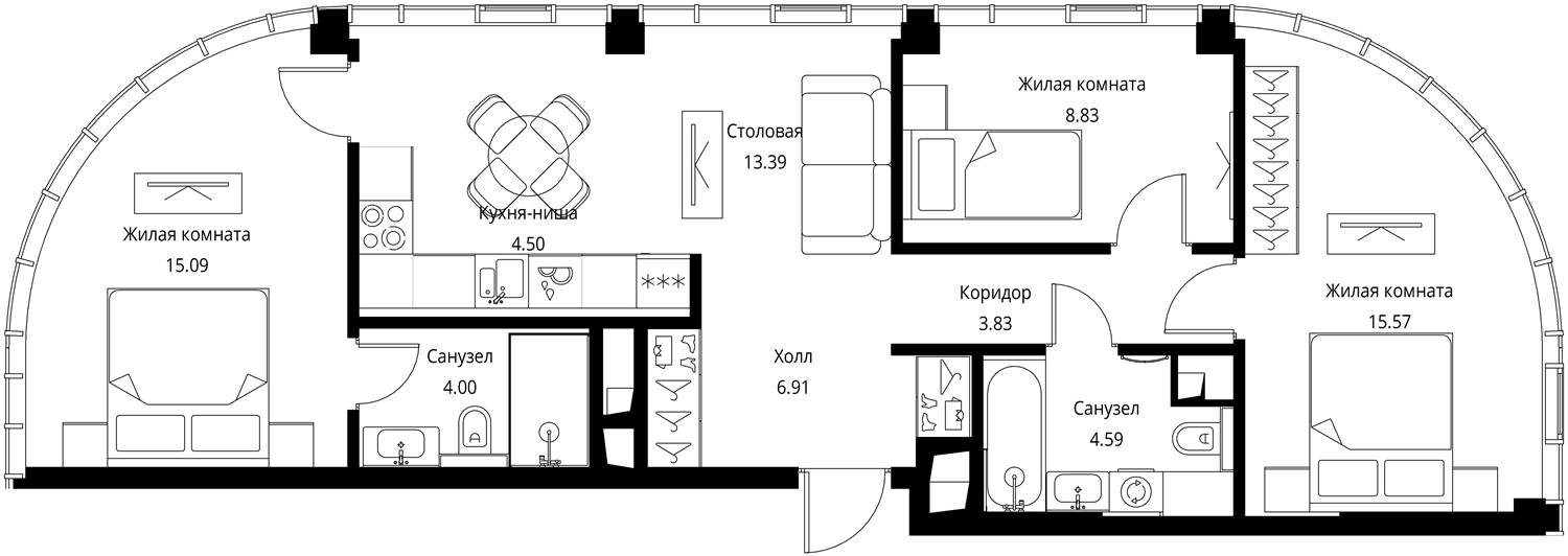 4-комнатная квартира с отделкой в ЖК City Bay на 43 этаже в 1 секции. Сдача в 3 кв. 2026 г.